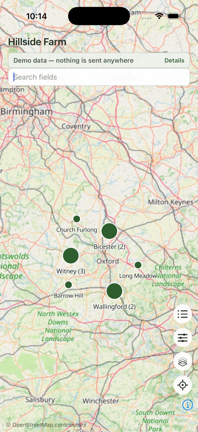 The whole farm on the phone, with fields clustered across the map with counts, a search box, and a locate button