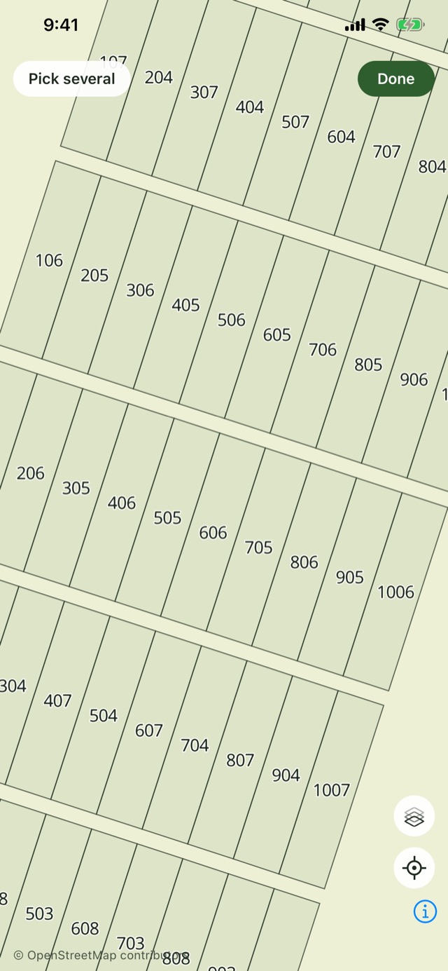 Numbered trial plots drawn on the phone map, with a Pick several control