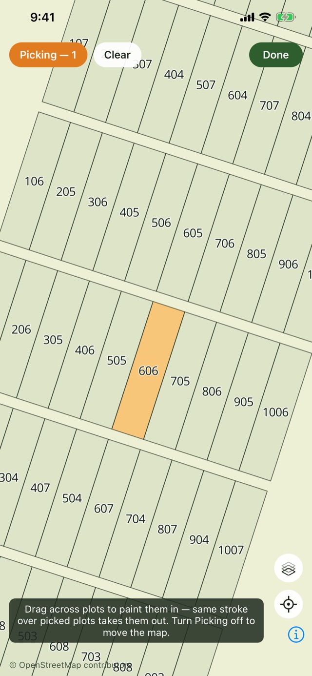 Picking mode with plot 606 painted amber and a hint explaining drag-to-paint selection