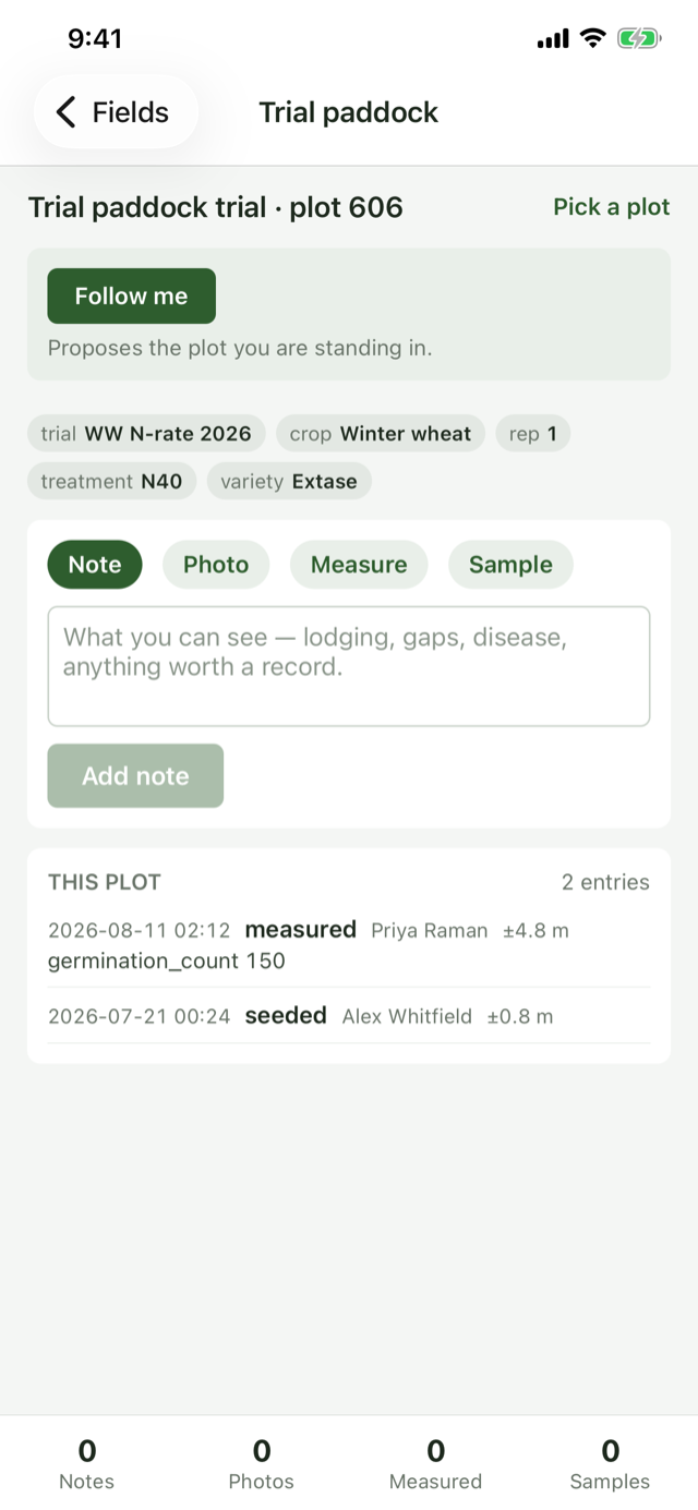 The phone app's plot recorder: Follow me proposing the plot you are standing in, trial and treatment tags, and a history with author and fix accuracy on every entry