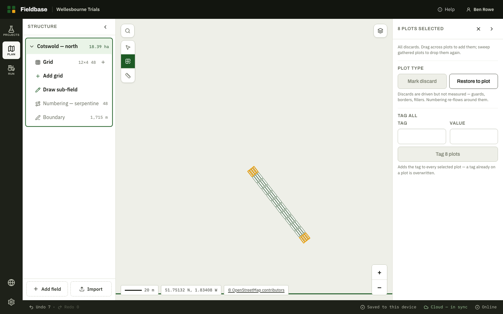Eight plots swept and marked discard, with a guard range at each end of the block highlighted on the map, with the plot-type panel explaining that discards are driven but not measured and numbering re-flows around them