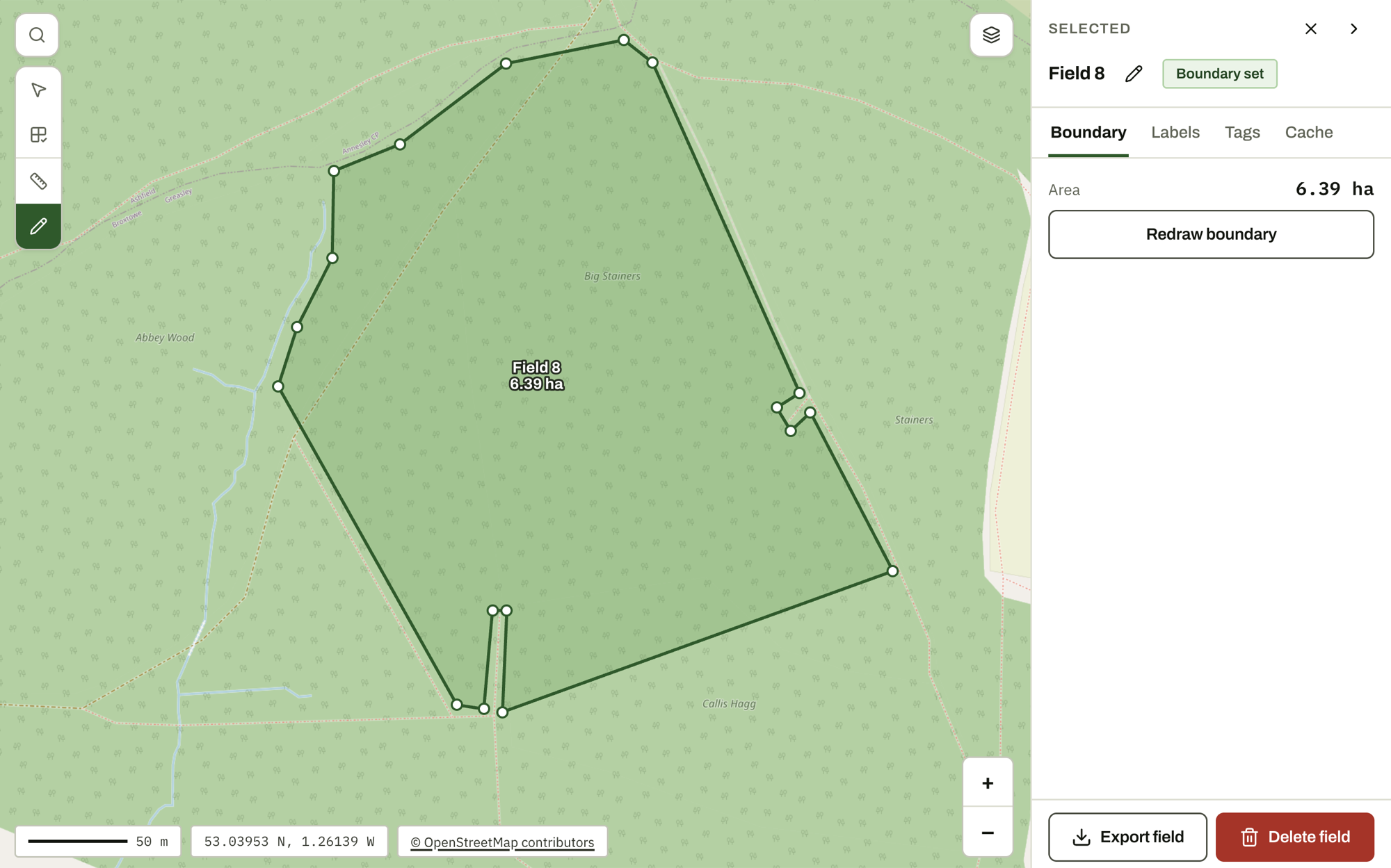 A 6.39 hectare field boundary drawn corner by corner around real ground, every vertex draggable, with the boundary panel open beside the map