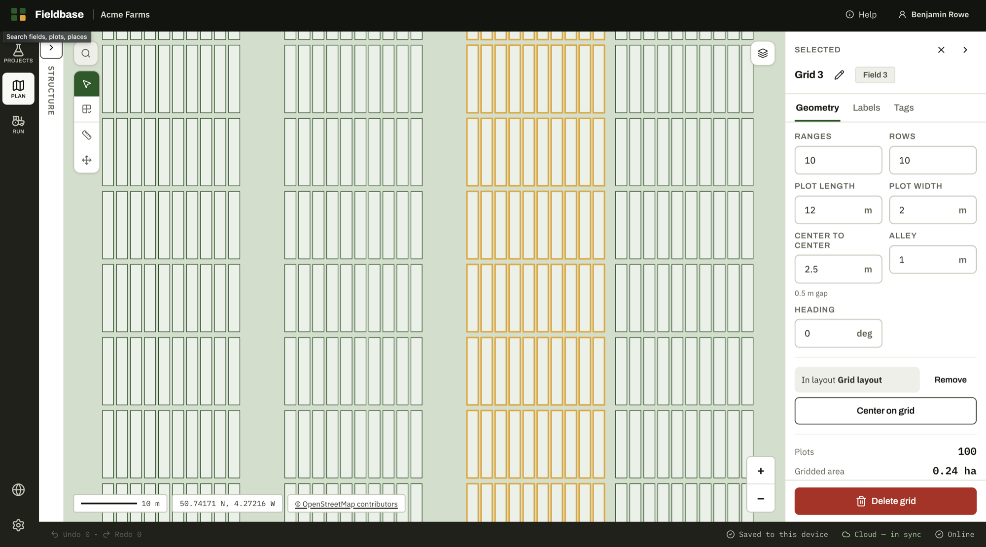 Fieldbase planning a multi-block trial: four plot grids in one layout, the selected block highlighted with its geometry panel open, 100 plots at 12 by 2 metres