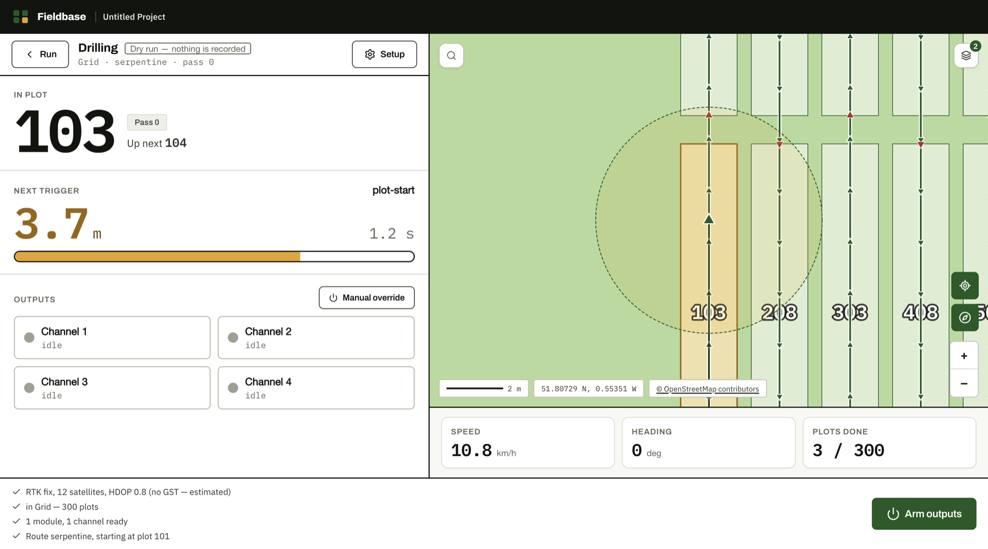 Run mode moments before arming: an RTK fix with 12 satellites, the machine inside plot 103 with the next trigger 3.7 metres out, and every preflight check green